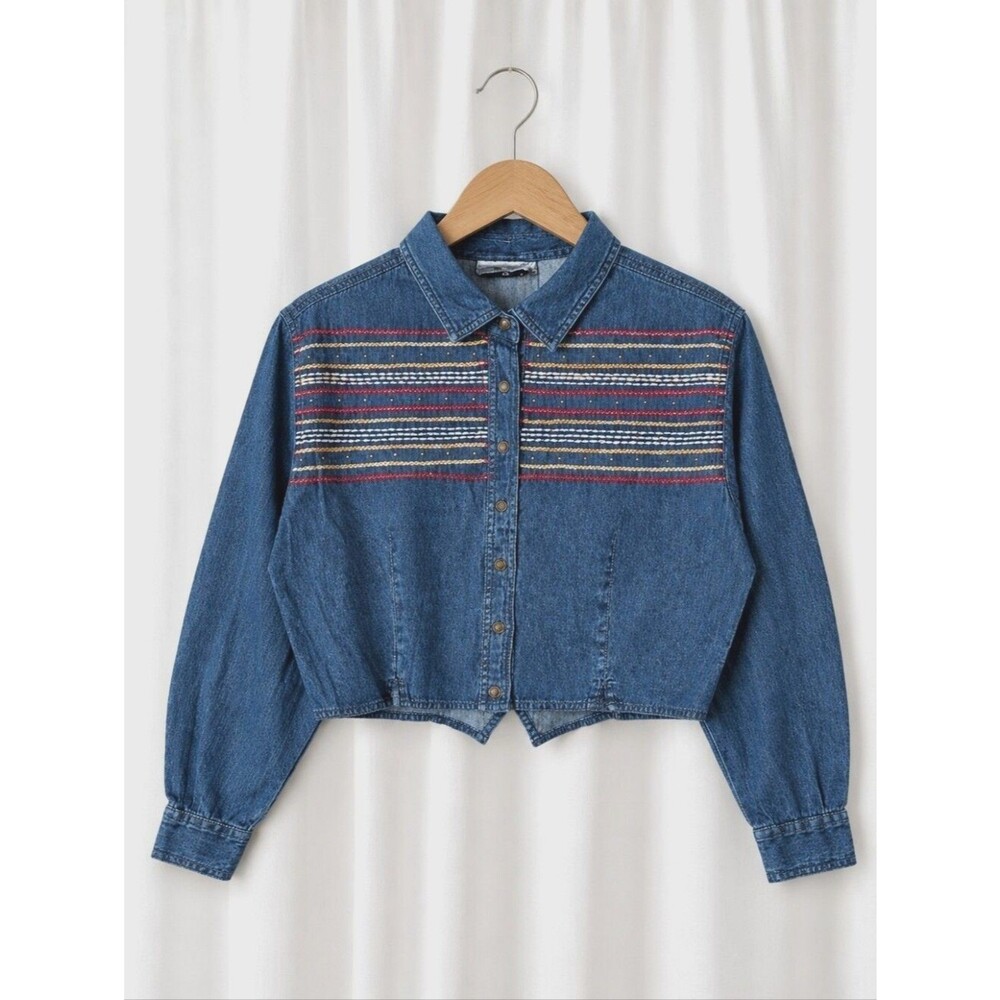 Vintage Side Saddle Washed Denim Embroidery Studs Cropped Western Front Blouse